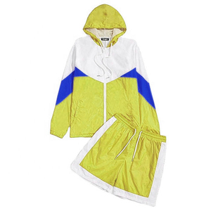 Ensemble short et veste à capuche color block pour femme, violet, vert, blanc, sportif, respirant, polyester tissé, 2 pièces, printemps-été - Product Image 6