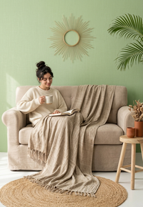Beige Winter Solid Soft Throw Blanket Tufted <b>Sofa</b> Couch Upholstery for Living Room Decor - Product Image 2