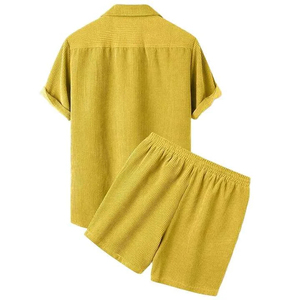 Men's Summer Corduroy Pajama <b>Set</b> Short Sleeve Shirt And Shorts Solid Color Breathable Casual Wear Turn-down Collar - Product Image 3