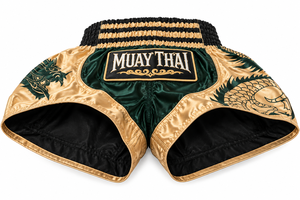 Shorts de Muay Thai pour hommes, vert, broderie de dragon doré, vêtements de sport, coupe régulière pour adultes, polyester extensible - Product Image 4
