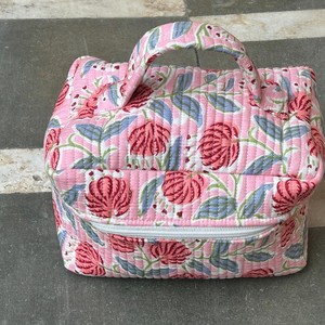 Floral Quilted Cosmetic Case Medium Size Zipper Closure Soft Handle Portable <b>Makeup</b> Bag for Women Travel Gift - Product Image 6
