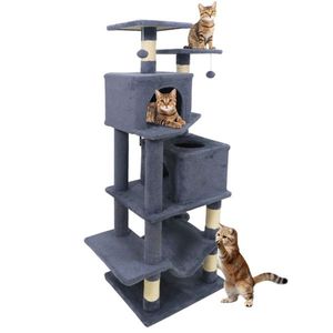 Arbre à chat multi-niveaux gris de 57 pouces avec 2 condos et hamac pour les foyers multi-chats, doté de poteaux à gratter en sisal - Product Image 1
