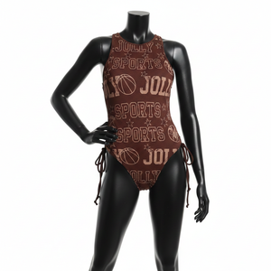 ชุดว่ายน้ำลายกราฟิกสีน้ำตาล ผ้าสแปนเด็กซ์ไนลอน 220 GSM ระบายอากาศได้ดี ยืดหยุ่น ผูกด้านข้าง พร้อมโลโก้สั่งทำพิเศษสำหรับผู้หญิง - Product Image 1