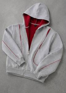 <b>Men's</b> Gray Hooded Pullover <b>Sweatshirt</b> with <b>Red</b> Lining 100% Cotton Fleece Oversized Fit Quick Dry Pockets Winter Casual Wear - Product Image 2