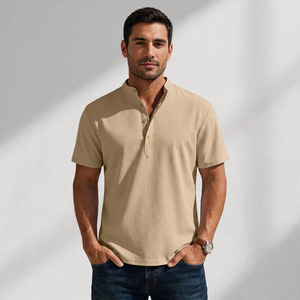 Men's Beige Digital Printed <b>Short</b> <b>Sleeve</b> <b>Button</b> Collar Casual Shirt Breathable Cotton Twill Fabric Washed Summer Wear - Product Image 1