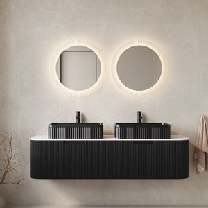 Mobile bagno sospeso DINA da 60 pollici con bordi curvi, mobiletto a 2 cassetti a righe e 2 lavabi neri - Product Image 1