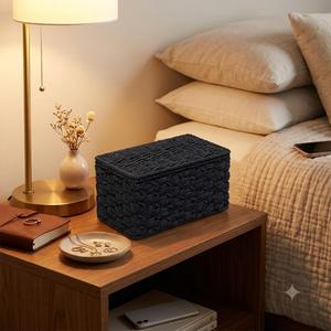 Panier de rangement rectangulaire noir en corde de papier tressée avec couvercle, fait main, pour vêtements, idéal pour la maison, la chambre et la cuisine - Product Image 5