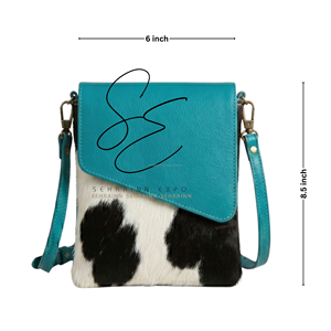 Women Regular Use Leather Purse Turquoise Leather <b>Black</b> & White Hair On Hide Fur Crossbody Sling <b>Bag</b> with Adjustable Strap - Product Image 3
