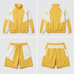 Ensemble de survêtement sportif 2 pièces pour femme, jaune et blanc, à blocs de couleur, avec short et haut à manches longues à col montant, en polyester respirant, Printemps-Été - Product Image 2