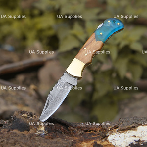UA Supplies Industrial Grade Damascus Steel Drop Point Knife Pearl Resin Handle Brass Accents Blue Inlay 6.5 Overall Knife - Product Image 5