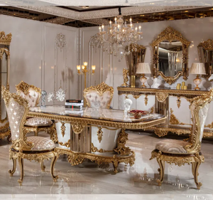 Juego de Mesa de Comedor Rectangular de Madera de Teca Dorada de Lujo, Estilo Europeo Clásico Tallado, Ecológico, Duradero, Muebles de Comedor para Hotel - Product Image 1