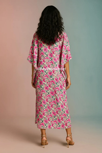 Elegant Floral Print Pink <b>Kaftan</b> Midi V-Neck Long Sleeve Hand-Blocked Artisanal Eco-Friendly Breathable High Waist <b>Summer</b> - Product Image 2