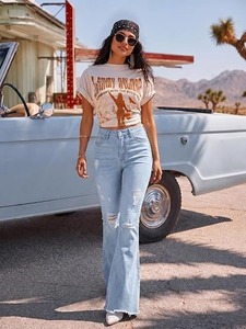 Women's Mid Waist <b>Boot</b> Cut Denim Jeans Vintage Cotton Knee Length - Product Image 1