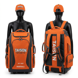 900D Polyester 420 GSM Orange Black Panel Baseball Bag Custom Embroidery Print Logo Wheeled <b>Backpack</b> - Product Image 1