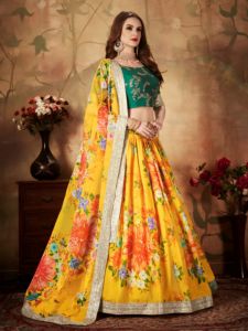 ชุดเลเฮนกาโชลีผ้าไหมออร์แกนซ่าพิมพ์ลายดอกไม้ พร้อมเสื้อปักเลื่อม ชุดเลเฮนกาสำหรับงานปาร์ตี้ลายดอกไม้ พร้อมเสื้อสำเร็จรูป - Product Image 6