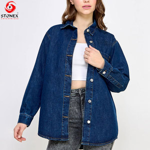 Chemise en jean unie surdimensionnée pour femme, à manches longues, boutonnée sur le devant, décontractée, en coton écologique, OEM ODM, vêtements personnalisés - Product Image 1