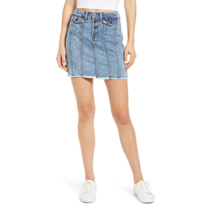 Mini-jupe en jean taille haute pour femme avec boutons sur le devant, coupe droite, style décontracté bleu délavé - Product Image 1