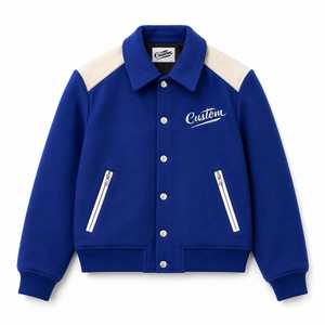 Veste universitaire personnalisée pour homme, bleu et blanc, brodée, boutonnée sur le devant, coupe classique, col rabattu, idéale pour l'hiver - Product Image 2