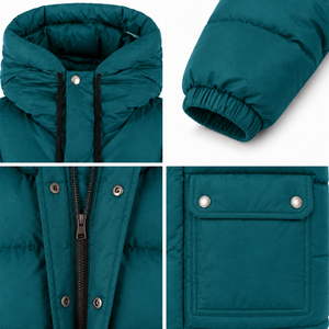 Blouson matelassé coupe-vent à capuche avec appliqué personnalisé, en nylon premium, chaud et rembourré, avec poches à rabat sur le devant, mode hiver - Product Image 4