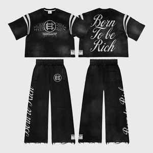 Conjunto de camiseta corta y pantalones negros desgastados. Conjunto de Ropa Urbana con Lavado Ácido Chándal de mezclilla descolorido. Fabricante de Marca Privada OEM - Product Image 1