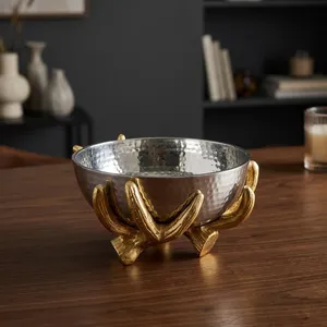 Round White Metal Bowl on Golden Brass Stem Stand for Chips <b>Dips</b> Snacks Decorative Serveware Tableware Home Hotel Restaurant - Product Image 2