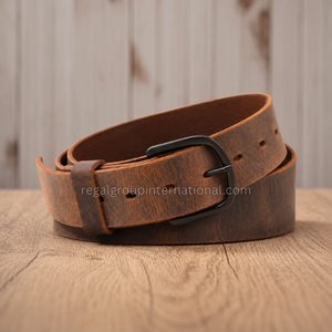 Ceinture en cuir véritable marron vintage pour hommes avec boucle ardillon en alliage noir, texture vieillie, style occidental classique et décontracté, vente en gros - Product Image 3