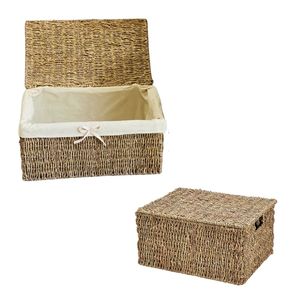 Eco-Friendly <b>Wicker</b> Seagrass Storage <b>Basket</b> Metal Frame Rectangular Shape Cotton <b>Lining</b>-Multifunctional Home Decor for - Product Image 1
