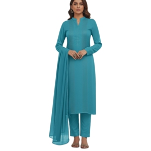 Ensemble Salwar Kameez en Rayonne Turquoise pour Femme, Tenue Traditionnelle Indienne et Pakistanaise Longue, Décontractée, Coupe Classique, Infroissable - Product Image 1