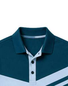 เสื้อโปโลชายสีฟ้าอ่อนและสีเขียวอมฟ้าแบบกำหนดเอง แขนสั้น สวมใส่สบาย เหมาะสำหรับกีฬากอล์ฟ ระบายอากาศได้ดี ใส่ได้ในฤดูร้อน ลายทาง - Product Image 3