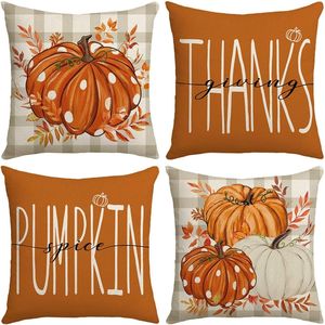 Ensemble de 4 coussins décoratifs 18x18 pouces pour Thanksgiving, motif citrouille aquarelle et feuille d'érable, pour la récolte d'automne et la gratitude - Product Image 1