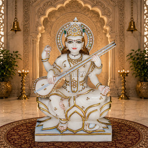 Statue de la déesse Saraswati en marbre avec vénale, instrument de musique |   Statue de Saraswati en marbre blanc |   Élégante statue de Saraswati Mata pour le temple et la maison - Product Image 1