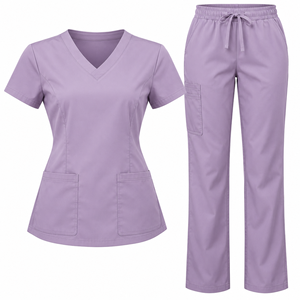 Ensemble de tenue médicale pour femme violet prune : Haut à col en V et manches courtes avec poches, pantalon cargo fuselé à cordon de serrage – Uniforme d'infirmière, tenue quotidienne - Product Image 2