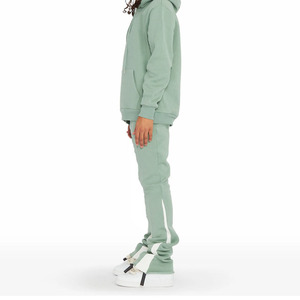 Ensemble de survêtement unisexe vert menthe à capuche, manches longues, couleur unie, décontracté, pour l'automne, 100% coton, coupe classique avec poches latérales - Product Image 4
