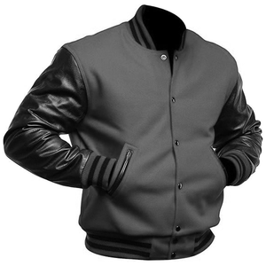 แจ็คเก็ต Varsity Letterman สำหรับโรงเรียนมัธยมและมหาวิทยาลัย ทรงบอมเบอร์เรียบง่าย ผ้าขนสัตว์เนื้อบาง คอปกมีฮู้ด แขนหนัง - Product Image 3