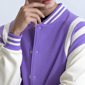 Men's <b>Purple</b> Woolen Windproof <b>Varsity</b> <b>Jacket</b> Color Blocking Casual Fleece Regular Fit Stand Collar Winter Streetwear - Product Image 5
