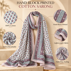 CHHEENT Cotton Sarong for Women Hand Block Printed Lightweight Breathable Beach <b>Wrap</b> <b>Shawl</b> Summer Cover Up Travel Scarf Resort - Product Image 5