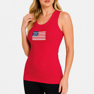 Top Corto de Punto Acanalado Rojo para Mujer con Emblema de Bandera y Bordado, Manga Corta, Primavera/Verano, para Venta al por Mayor, Camisetas para Mujer, OEM, Venta al por Mayor - Product Image 1