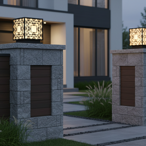 Lámpara de Pilar LED Geométrica de Lujo, Farol de Acero Negro de 8 Pulgadas para Exteriores, Lámpara de Columna de Entrada con Luz Blanca Cálida de 220V - Product Image 6