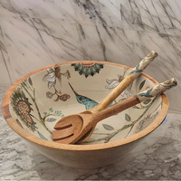 Ensemble de bols de service en bois de manguier émaillé, grand format, style européen, avec impression personnalisée, finition polie, thème Amour, avec cuillères, cadeau Feng Shui pour Maman, Petite Amie, Art