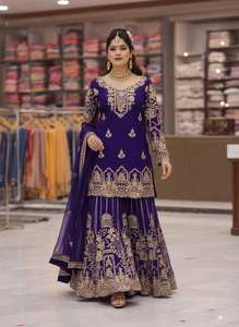 Ensemble Sharara Royal avec broderie Zari dorée, style Lehenga de mariée, Salwar Kameez de créateur, tenue de fête, infroissable - Product Image 3
