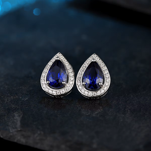 Pear Cut Blue 1.5 ct Diamond Earrings With White Diamond Halo <b>Silver</b> <b>Studs</b> For Women Wedding Classic Style Jewelry - Product Image 2
