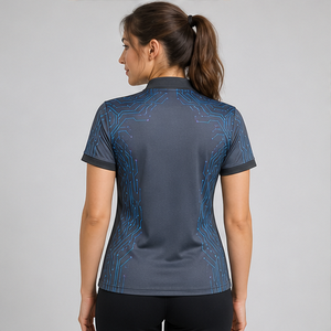 Custom Charcoal Blue Circuit Line Womens <b>Mandarin</b> <b>Collar</b> Polo <b>Shirt</b> Quick Dry Breathable Short Sleeve Uniform WPS-0840 - Product Image 4