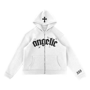 Sweat à capuche zippé unisexe en coton blanc, coupe classique, imprimé avant, logo croix 333, style gothique angélique personnalisé - Product Image 3