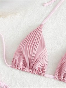 Ensemble bikini côtelé deux pièces pour femme, maillot de bain croisé à dos nu, bas string, couleur unie, extensible, tenue de plage - Product Image 3