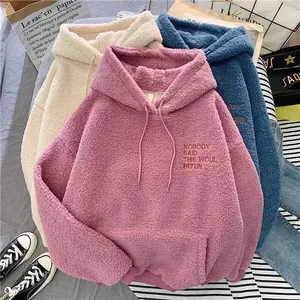 Men's Oversized Blue <b>Sherpa</b> Fleece <b>Hoodie</b> Embroidered Letter Pullover with Kangaroo Pocket Winter Casual Sweatshirt - Product Image 4