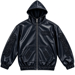 Blouson Homme Personnalisé en Similicuir à Capuche avec Lettrage Gaufré, Fermeture Éclair Intégrale, Coupe Décontractée, Style Urbain - Product Image 1