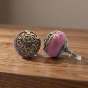 Ba <b>Pink</b> Ceramic Round Cabinet <b>Knob</b> With Brass Filigree Design Traditional Furniture Handle For Home Office - Product Image 2