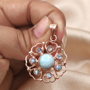 Wholesale 925 Sterling Silver Larimar Blue <b>Fire</b> Rainbow Moonstone Floral Mandala Pendant Handmade Women Bohemian Gold Plated - Product Image 5