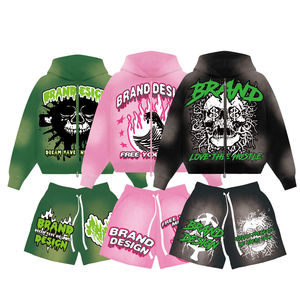 Conjunto de shorts y sudadera con capucha de algodón de verano, tallas grandes personalizadas, con cremallera, pedrería completa, efecto desgastado por el sol, bordado con efecto desgastado en la cintura y lavado ácido - Product Image 1