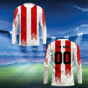 Service OEM, T-shirt à manches longues rayé en sublimation, motif rouge et blanc, sportif, col rond, tricoté en polyester, coupe régulière - Product Image 5